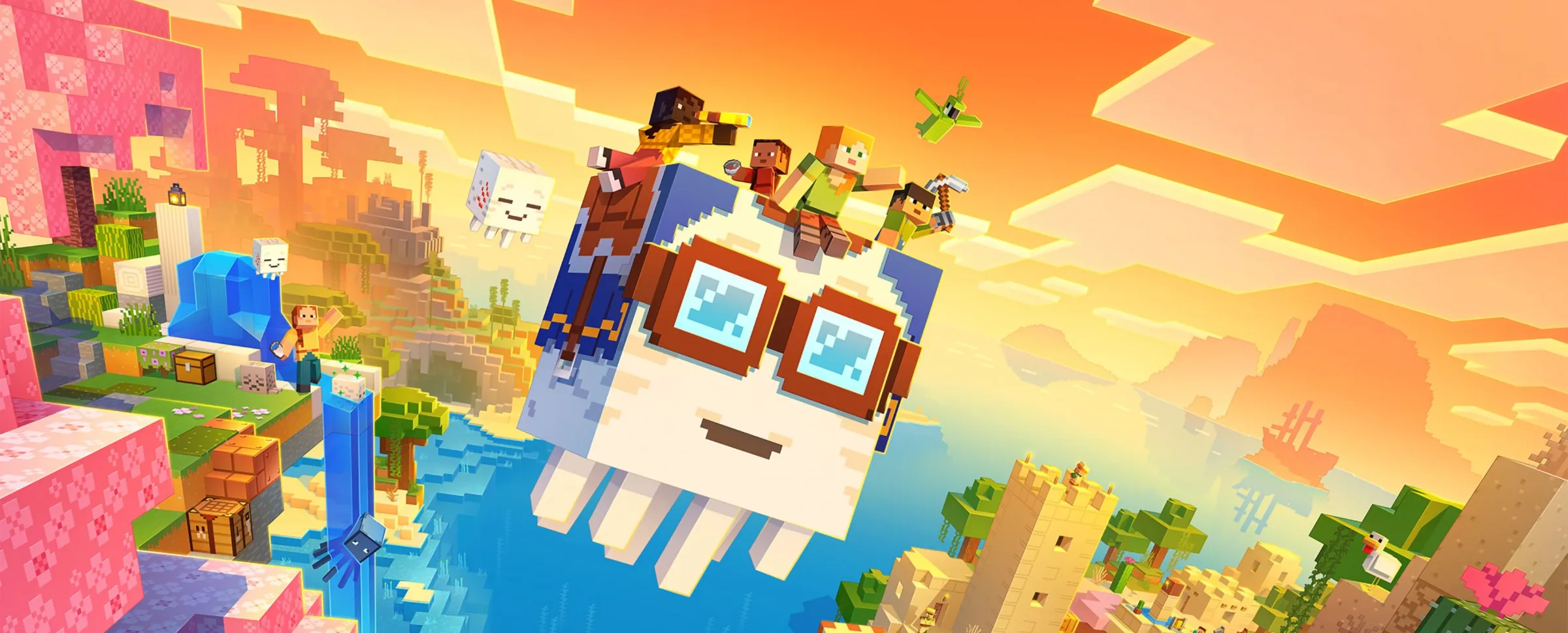 Ghast feliz sobrevoando um mundo de Minecraft ao pôr do sol